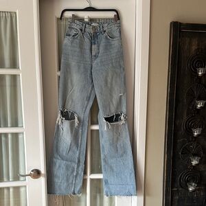 Zara Light Blue High-Rise Flare Jeans with Knee Rips